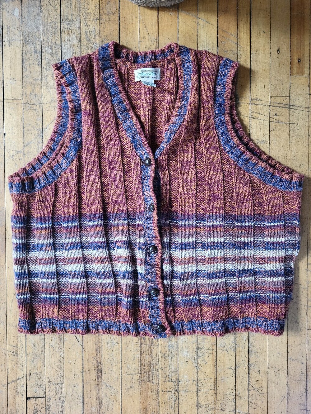 Vintage St. John's Bay Rust & Blue Striped Button-Front Sweater Vest Sz XL